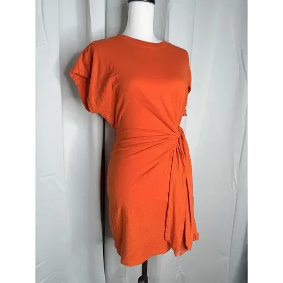 Apiece Apart Nina Cinched Waist Dress Orange Midi Wrap Organic Cotton Flambe - Picture 5 of 9